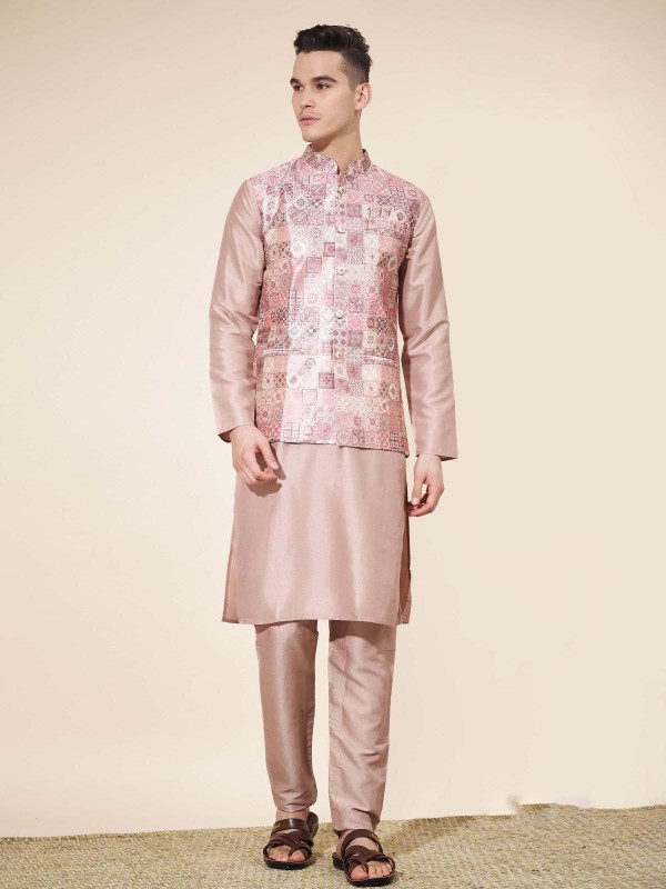 Baby Pink Pure Silk Readymade Kurta Pajama With Jacket